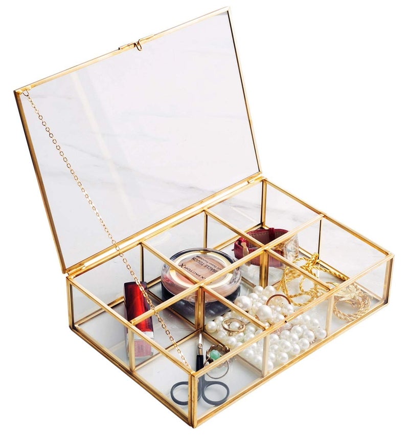 Levilan Golden Vintage Glass Box Clear Glass & Brass Metal Storage Jewelry and Cosmetic Makeup Lipstick Holder Organizer Beauty Display, 6 Compartment - Image 3